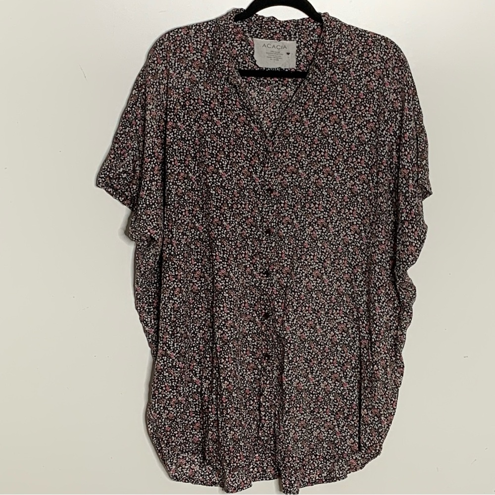Acacia Swimwear Black Pink Floral Button Down Shirt Mombasa L Short Sleeve Flowy